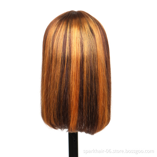 Pre-Plucked highlight honey brown color straight bob human hair lace front wigs, 4x4 lace closure indian straight wave bob wig
